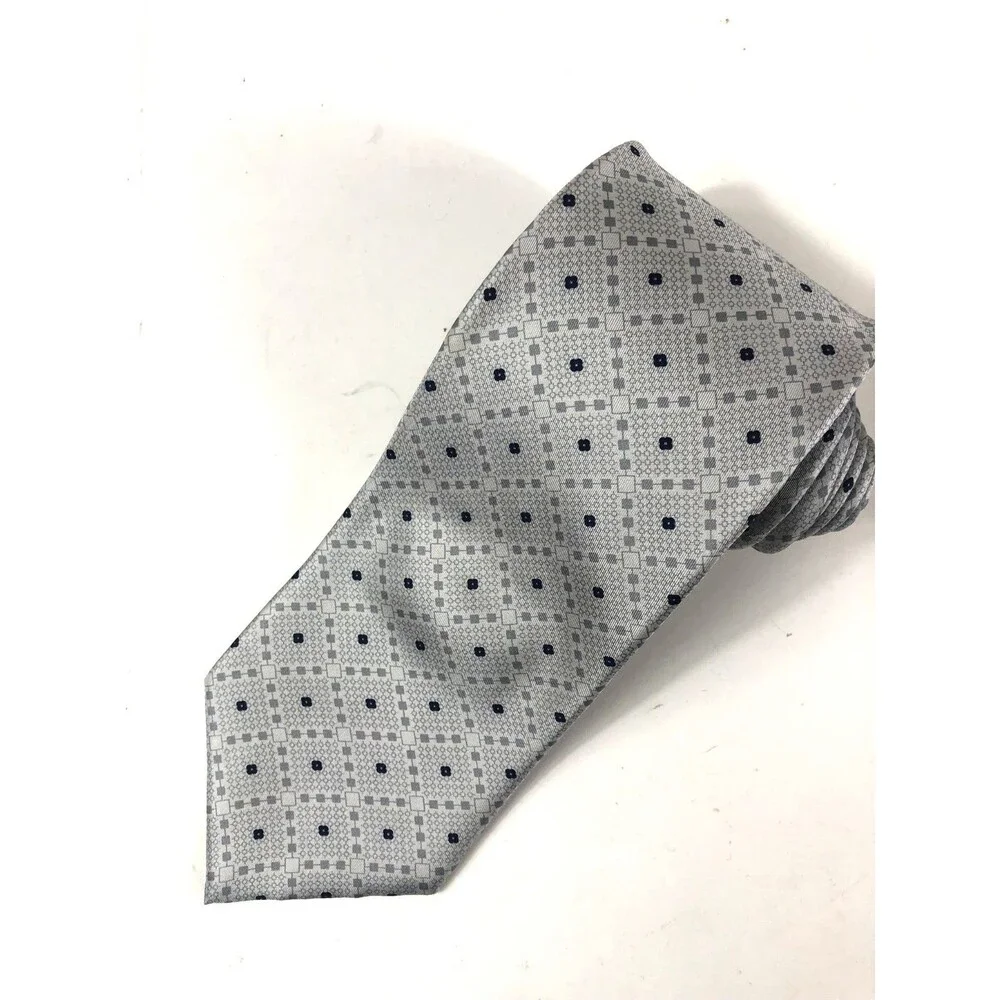 Barton MODA Pure Silk Tie Handmade in Italy Gray Geometric Pattern Navy Blue Dot
